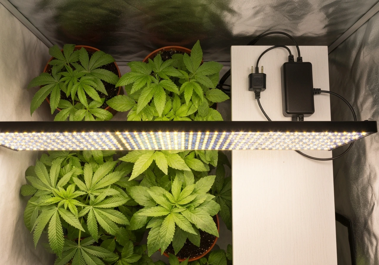 Overhead view of an LED grow light over leafy plants with one section dim/off and a plug controller unplugged