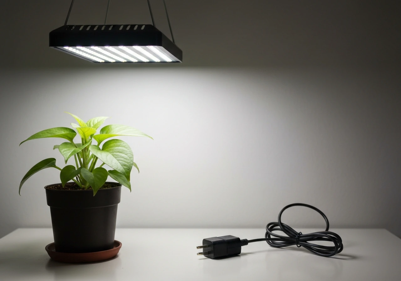 Grow light fixture above a plant with power cord on a simple workbench, light off for troubleshooting.