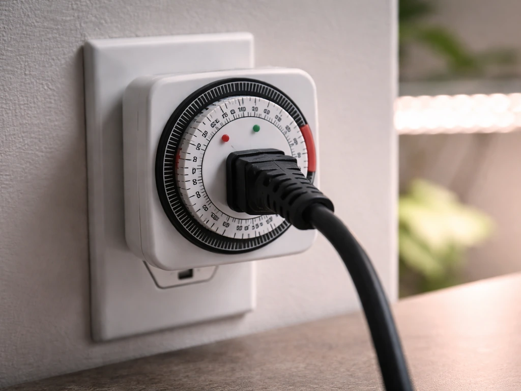 Mechanical outlet timer with a grow light plugged in, showing a scheduling setup in a simple indoor setting.