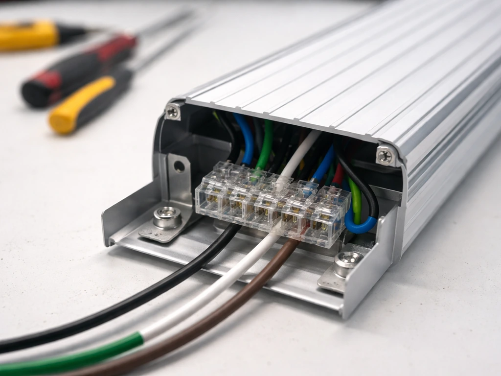 Close-up of an LED grow light driver housing with wires seated in the terminal block on a workbench.