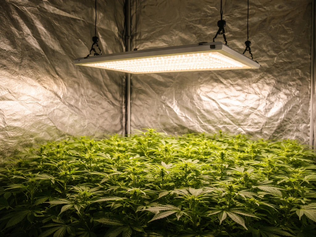 LED grow light hanging above plant canopy inside a grow tent, showing the height gap clearly.