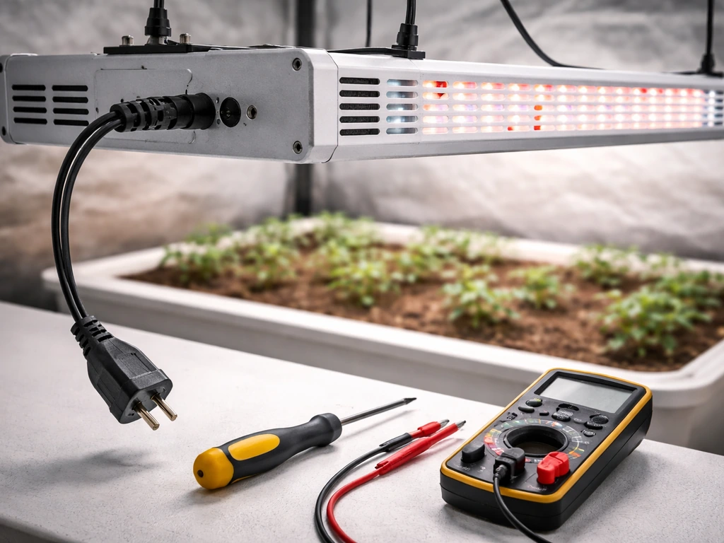 Close-up of an unplugged LED grow light with tools nearby for troubleshooting