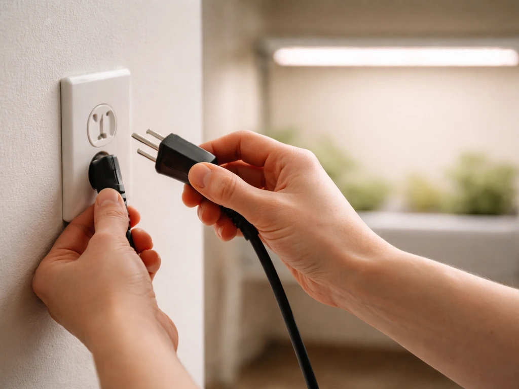 Hands unplug an LED grow light from a wall outlet in a minimal indoor setup.