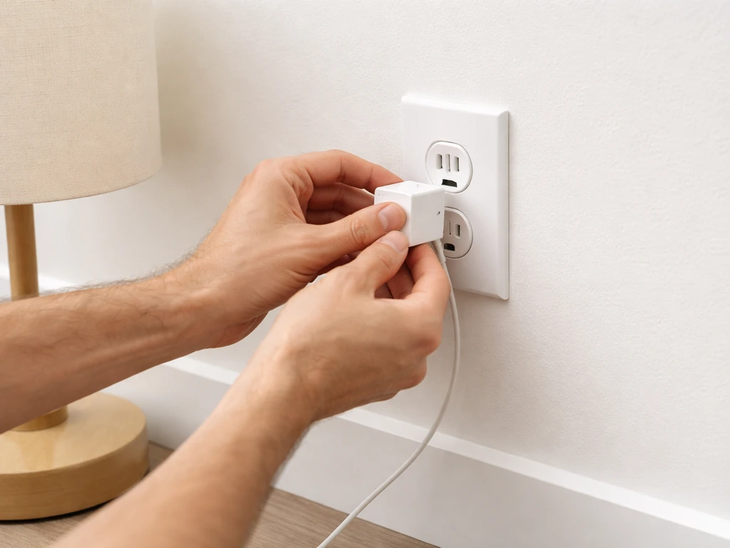 Hands plug a phone charger into a wall outlet to test the power path.