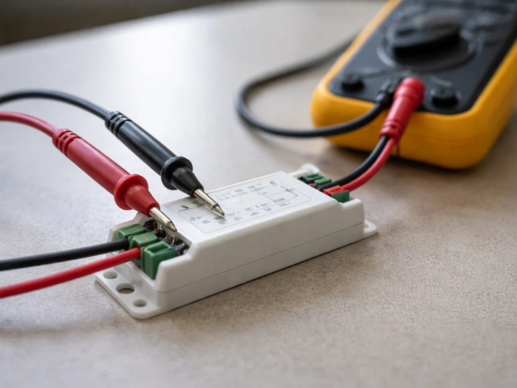Multimeter probes touching a ceiling light driver’s input/output terminals with power off