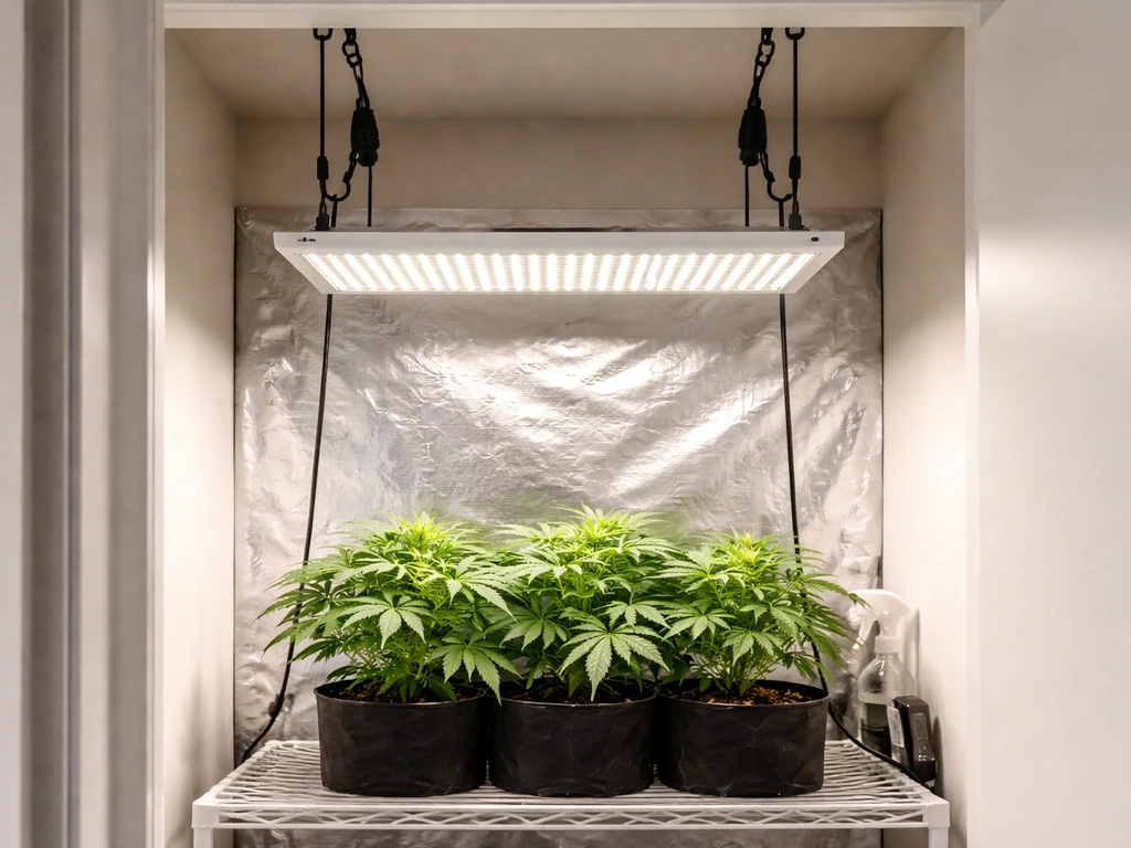 LED grow light hung inside a small closet above a leafy plant canopy with adjustable cords