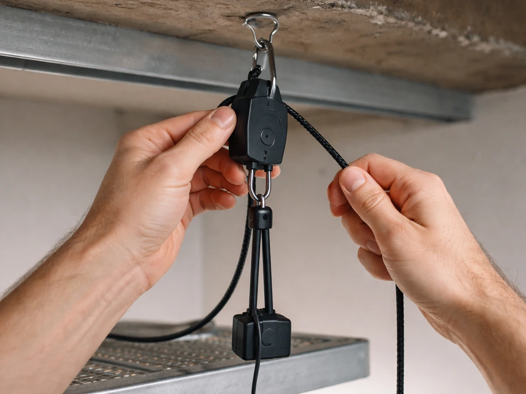 Hands securing a ratchet rope hanger to a ceiling anchor for a hanging grow light.
