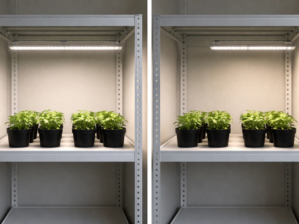 Two grow light setups on identical shelves: centered even canopy vs off-center uneven coverage.