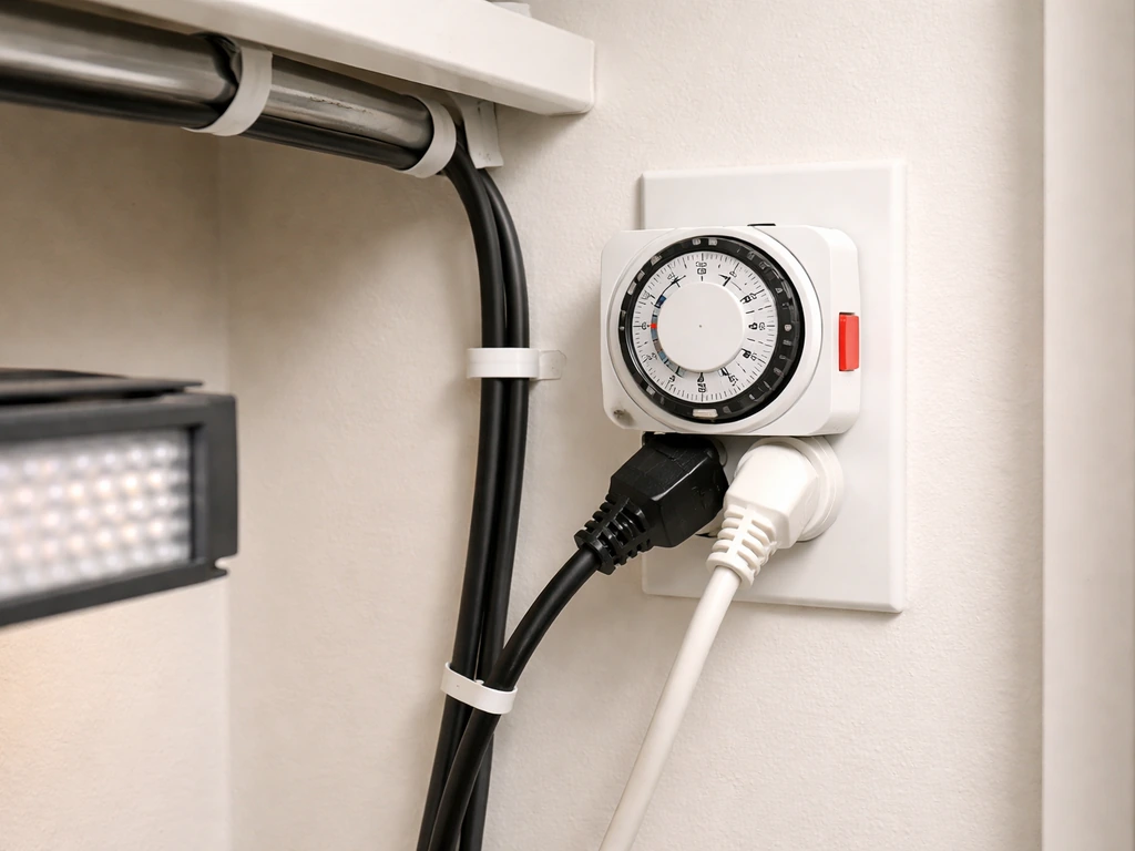 Closet grow setup with a plugged-in outlet timer and neatly routed power cords near a grow light.
