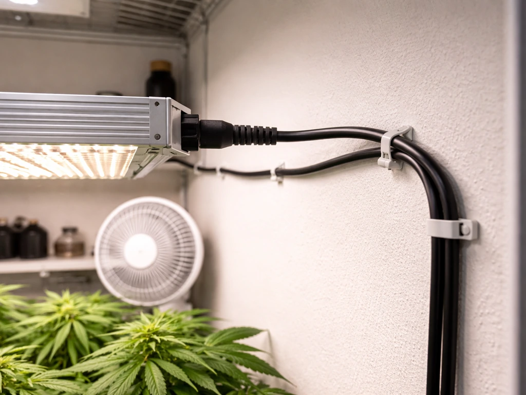 Close-up of safely routed LED power cord with cable clips and strain relief inside a tidy closet