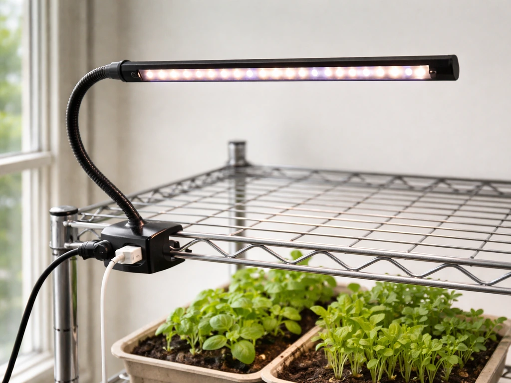 Clip-on LED grow light with gooseneck shining over seedlings; USB power connection visible near the base.