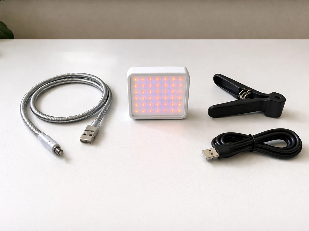 Grow light kit parts laid out on a table, with USB adapter missing shown by an empty gap.