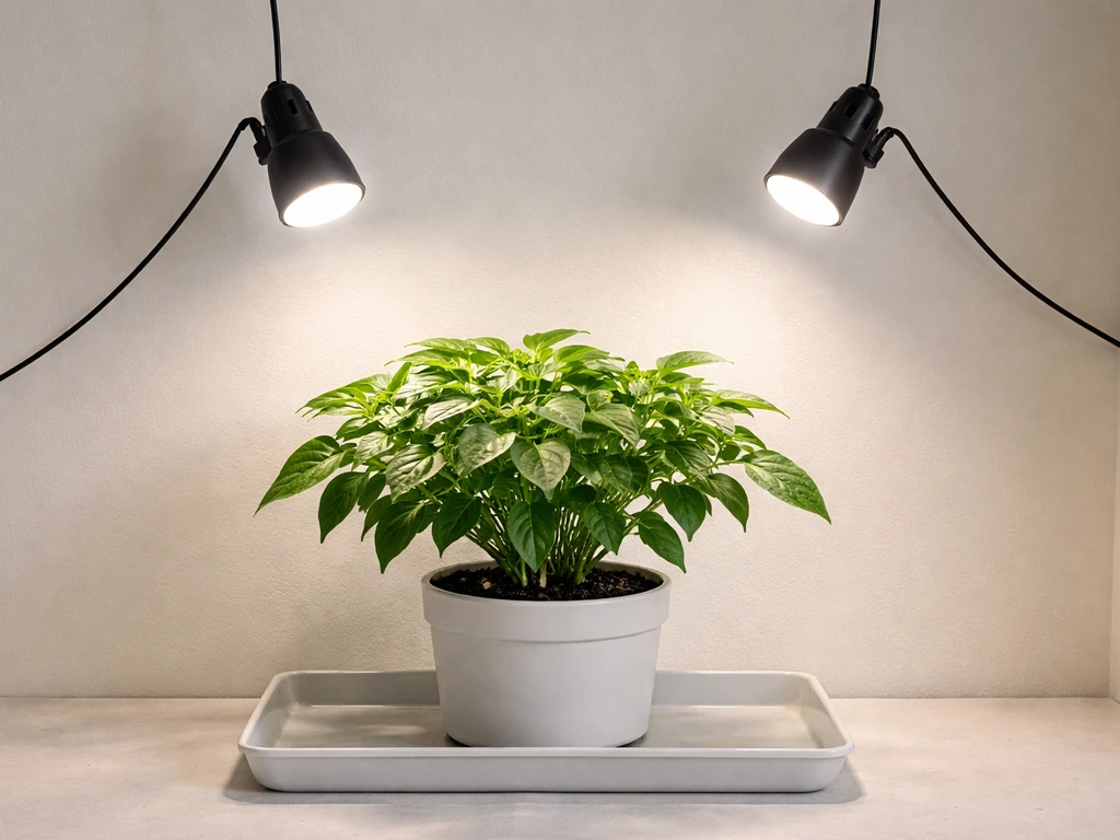 Two small grow lights mounted above plants, showing different angles and brighter coverage in the center.