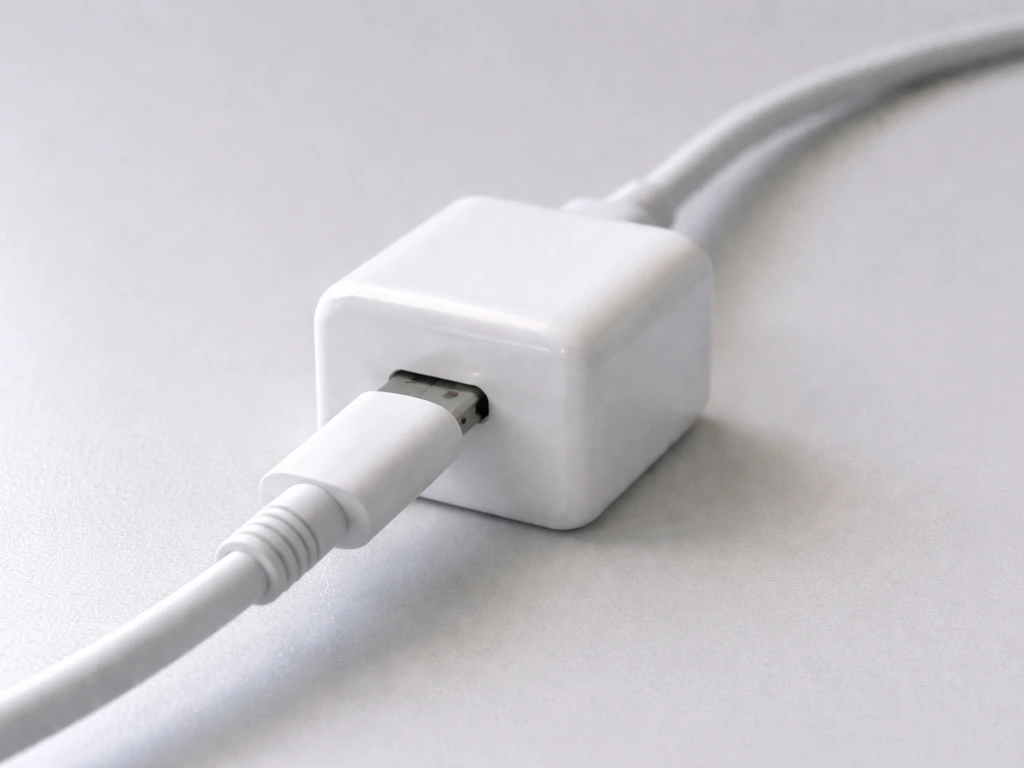 Close-up of a USB-C connector firmly seated in a 5V power adapter, power path clearly visible