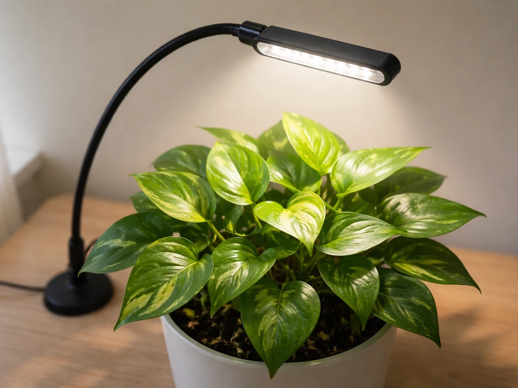 LED grow light gooseneck centered over a potted plant canopy for even brightness.