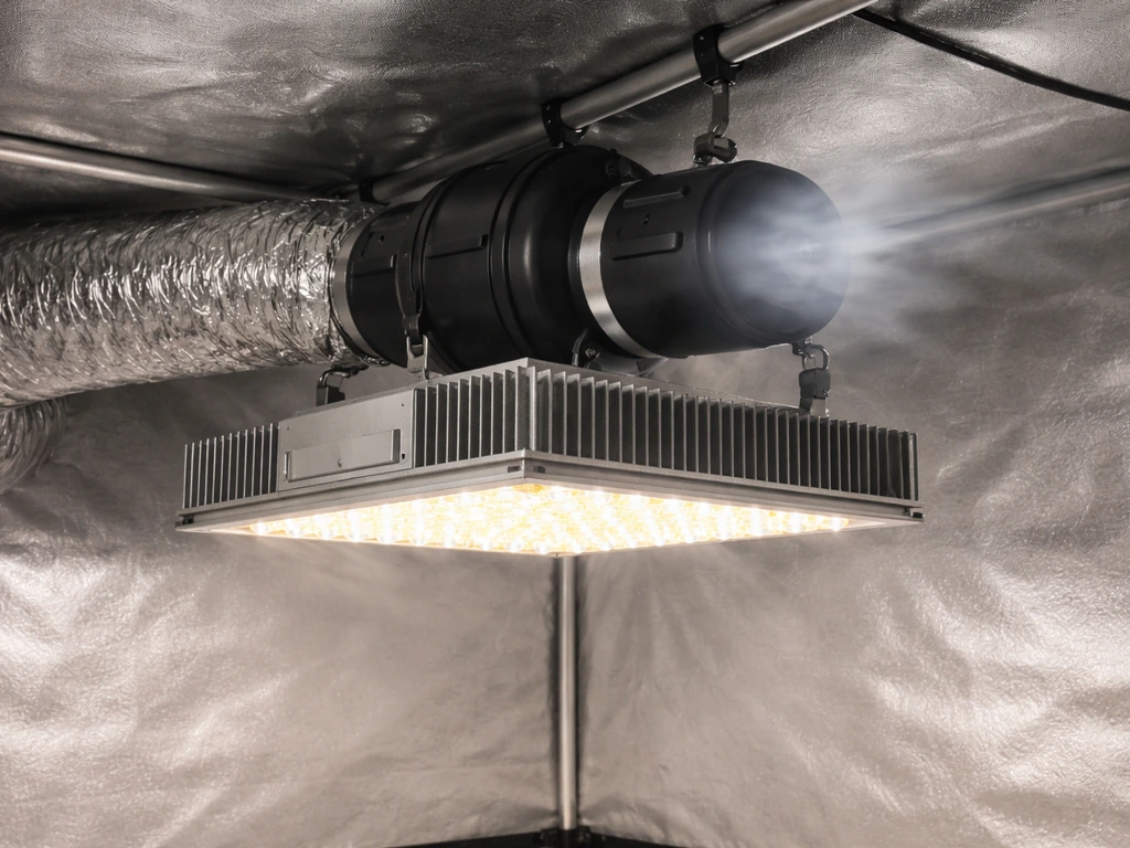 Air-cooled LED grow light with fan and duct pulling airflow over a heatsink in a simple grow room.