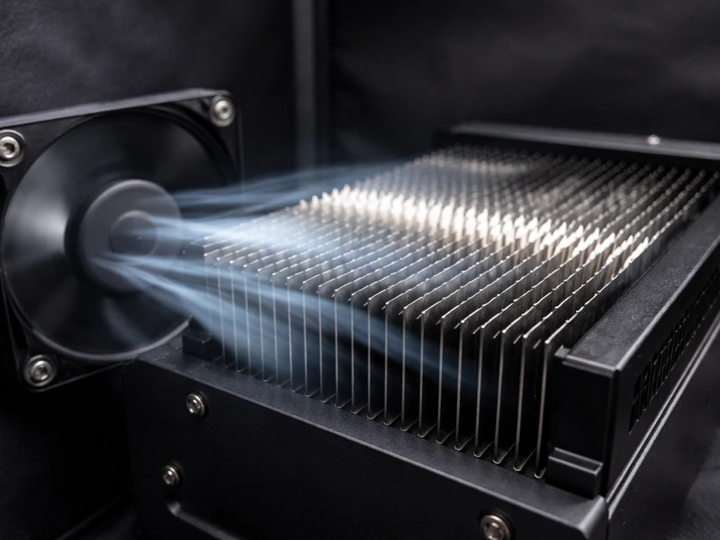 Close-up of an LED grow light heatsink with a fan blowing air across the fins to show forced cooling.