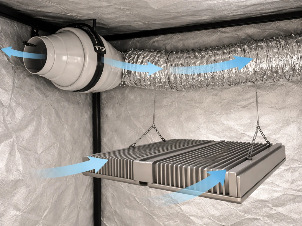 Grow tent corner showing inline exhaust fan near the top with short flex duct across the light