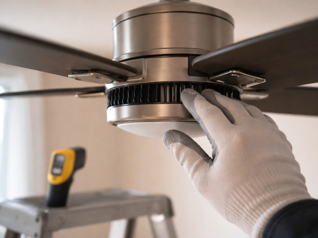 Technician checking a fan heatsink temperature and monitoring canopy-level air during a short test.