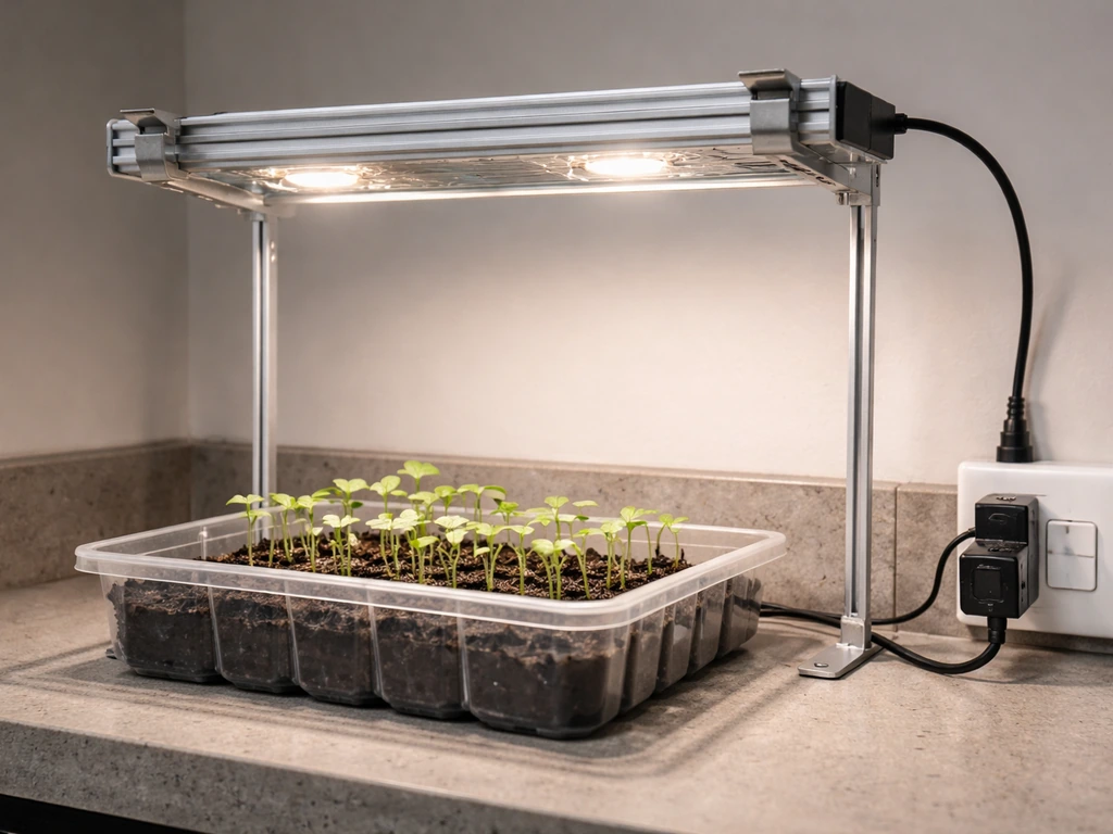 DIY tabletop grow light over a small seedling tray on a countertop with tidy mounted LEDs and wiring.