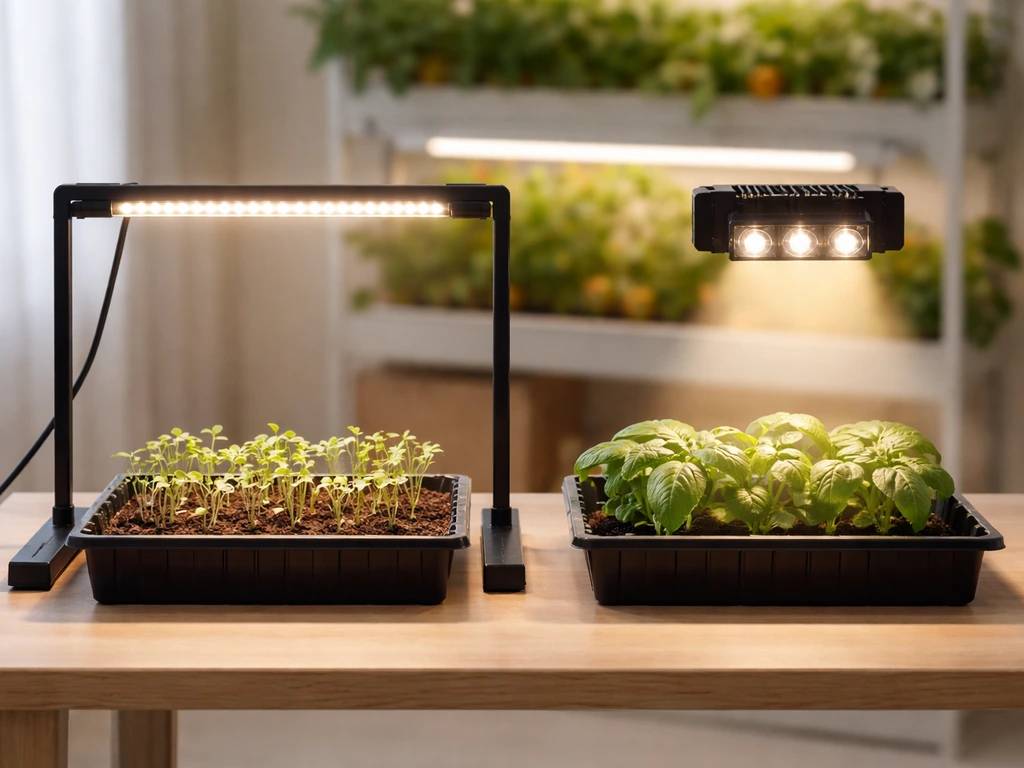 Two indoor grow light options illuminating seedlings and herbs on a small table, clean minimal setup.