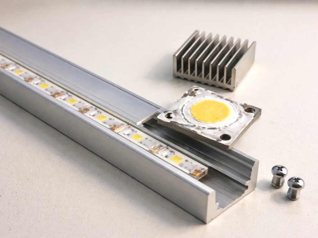 Close-up of mounting a COB to a heat sink and pressing an LED strip into an aluminum channel.