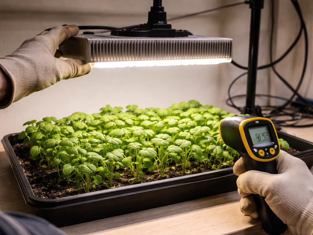 Gloved hands checking an LED grow light’s heat sink temperature above a tray of seedlings.