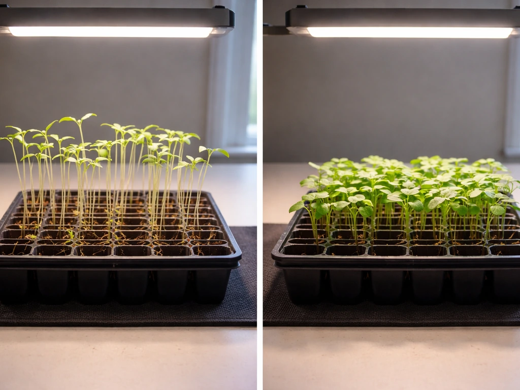 Side-by-side photo of leggy, stretched seedlings and healthy compact seedlings under grow lights