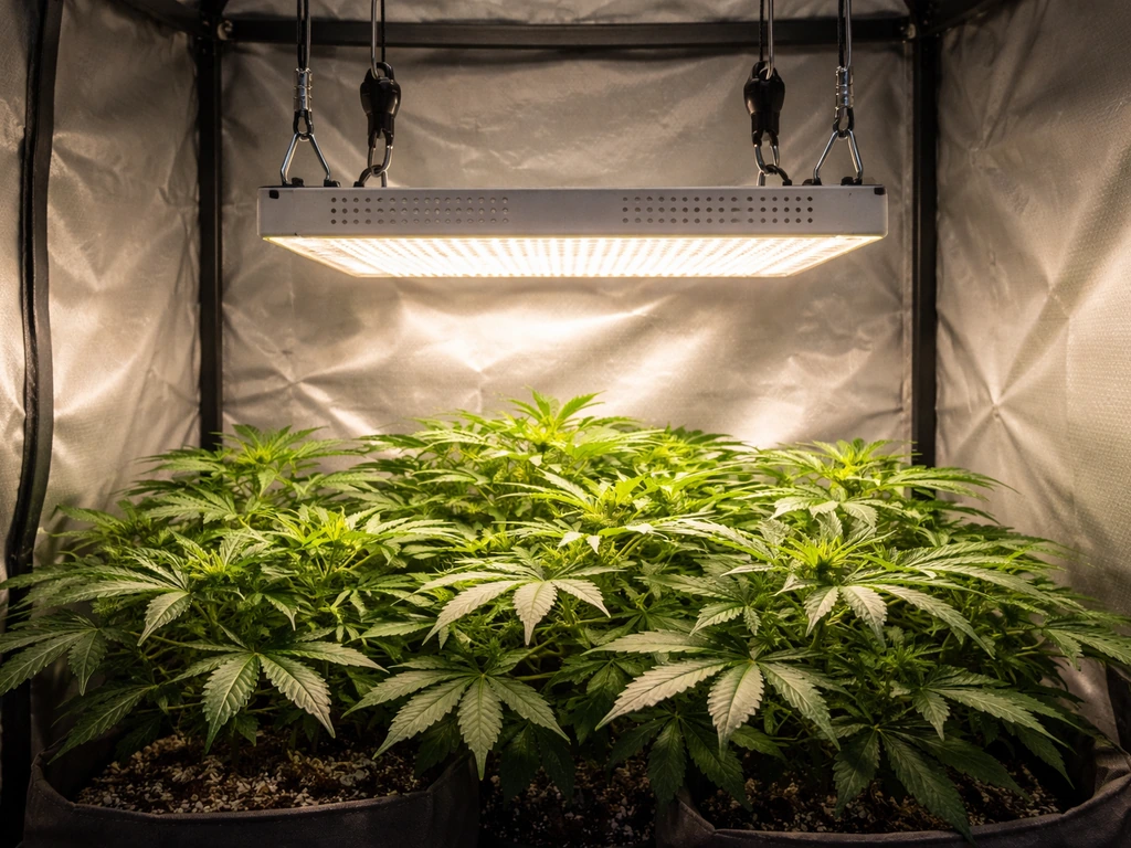 Close indoor grow tent view with a mounted grow light shining on a healthy plant canopy