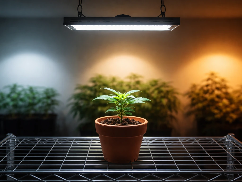 Minimal indoor grow setup with an adjustable LED light above a single seedling, soft lighting zones behind