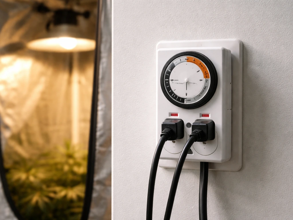 Close-up of a grow light timer/controller with a dark-and-light photoperiod schedule dial and toggle switches