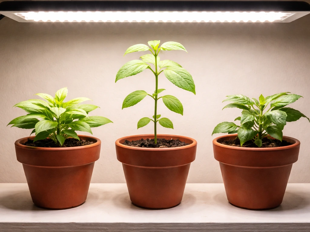 Three potted plants under a grow light showing symptoms linked to too much light, too little light, and wrong timing.
