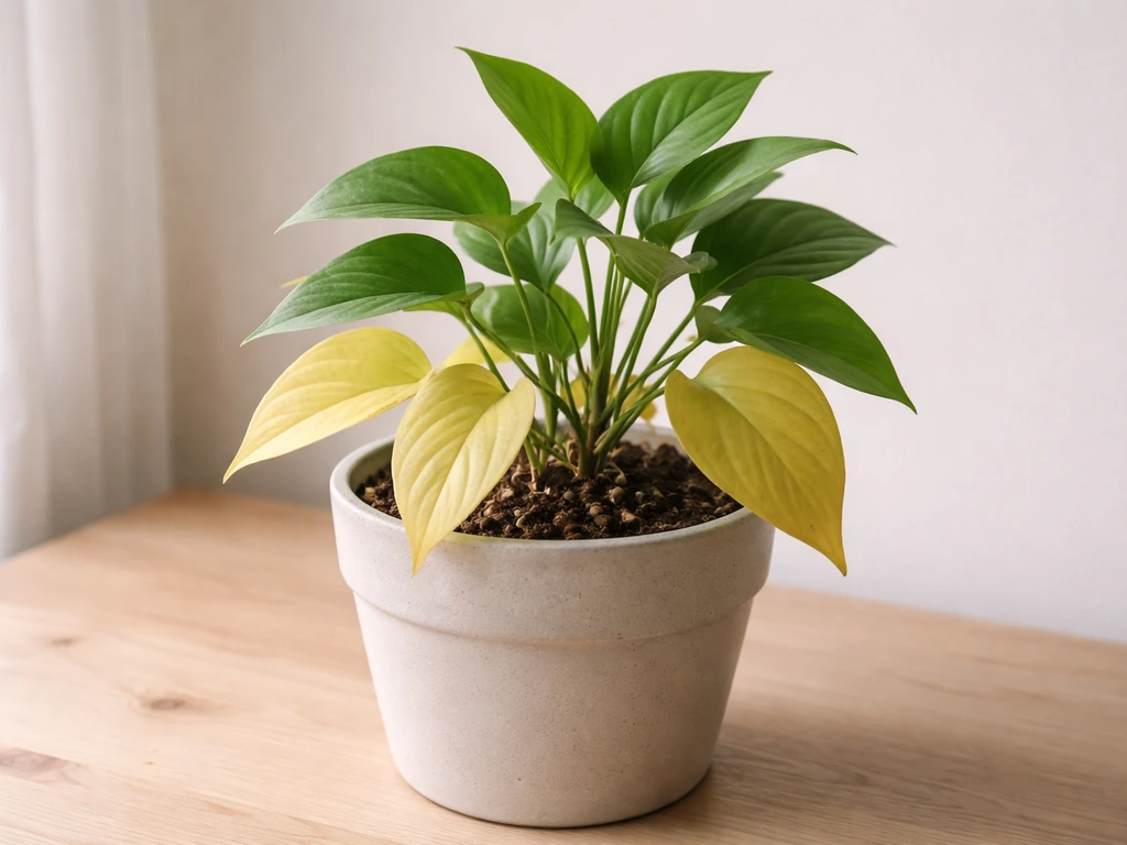 Indoor plant with lower leaves yellowing while upper leaves stay greener in natural window light.