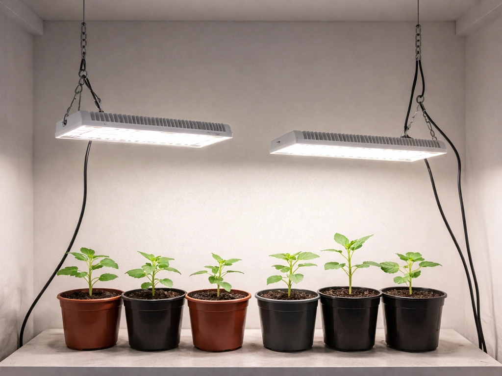 Adjustable LED grow light hanging above seedlings, showing different raising vs lowering heights.