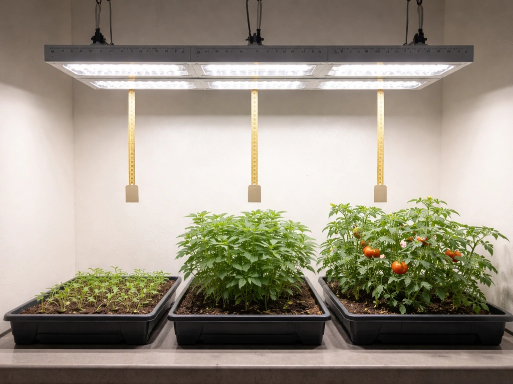 Minimal indoor grow setup with plants at different stages and tape distance markers from a hanging LED to canopy