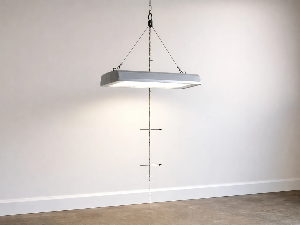 Hanging grow light over a vertical rope with visible tick marks showing small 1-inch and 2-inch height steps.