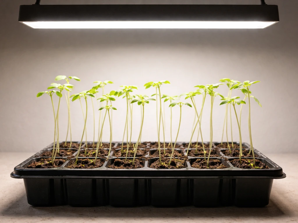 Leggy seedlings stretching upward under an overhead grow light, light-green leaves and long stems