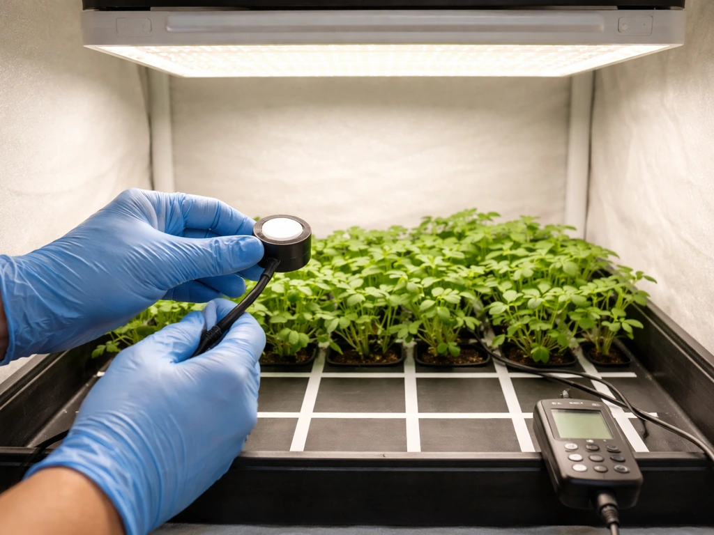 Gloved hands using a quantum PPFD sensor under a grow light over a small taped measurement grid.