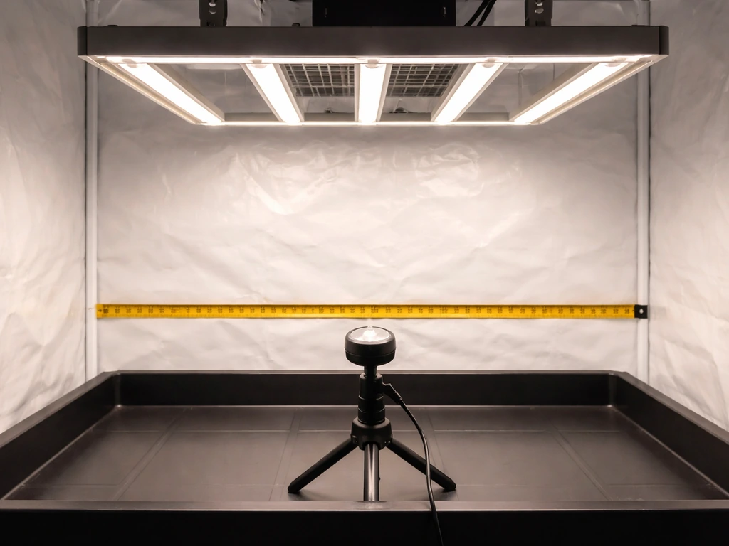 LED grow light overhead with a quantum sensor at canopy height and a tape measure for distance control.