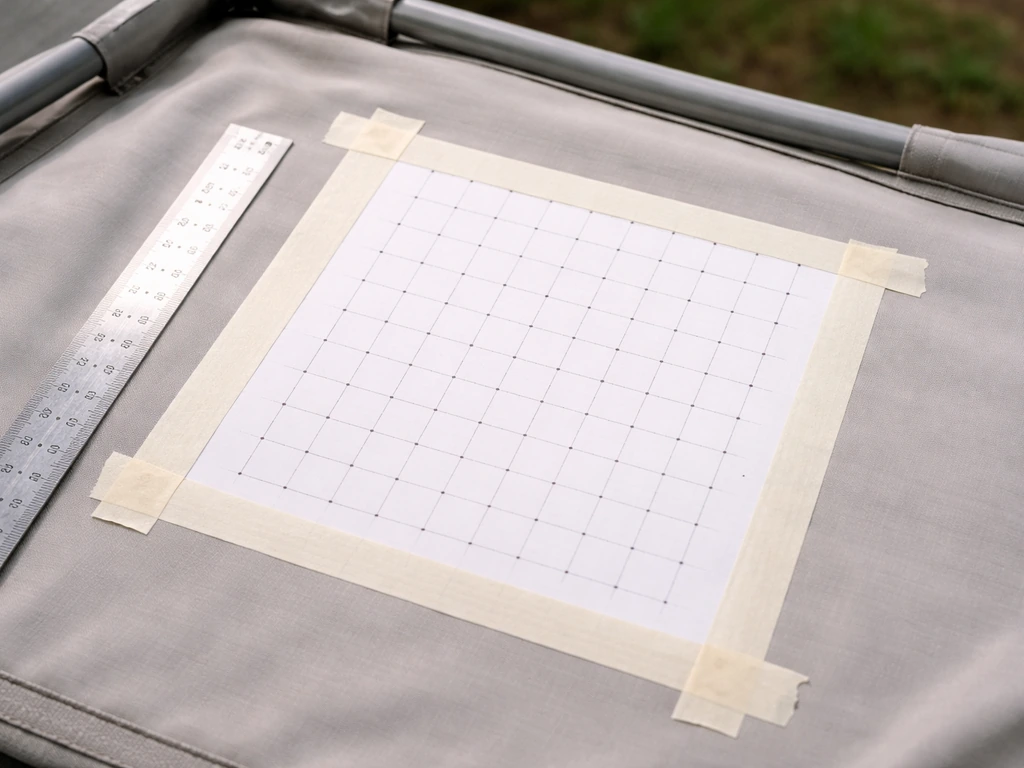 Top-down view of masking tape and paper on a canopy with a simple evenly spaced grid of measurement marks.