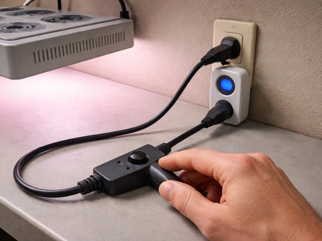 Grow light plugged into a watt meter, with dimmer knob set low, showing real power draw.