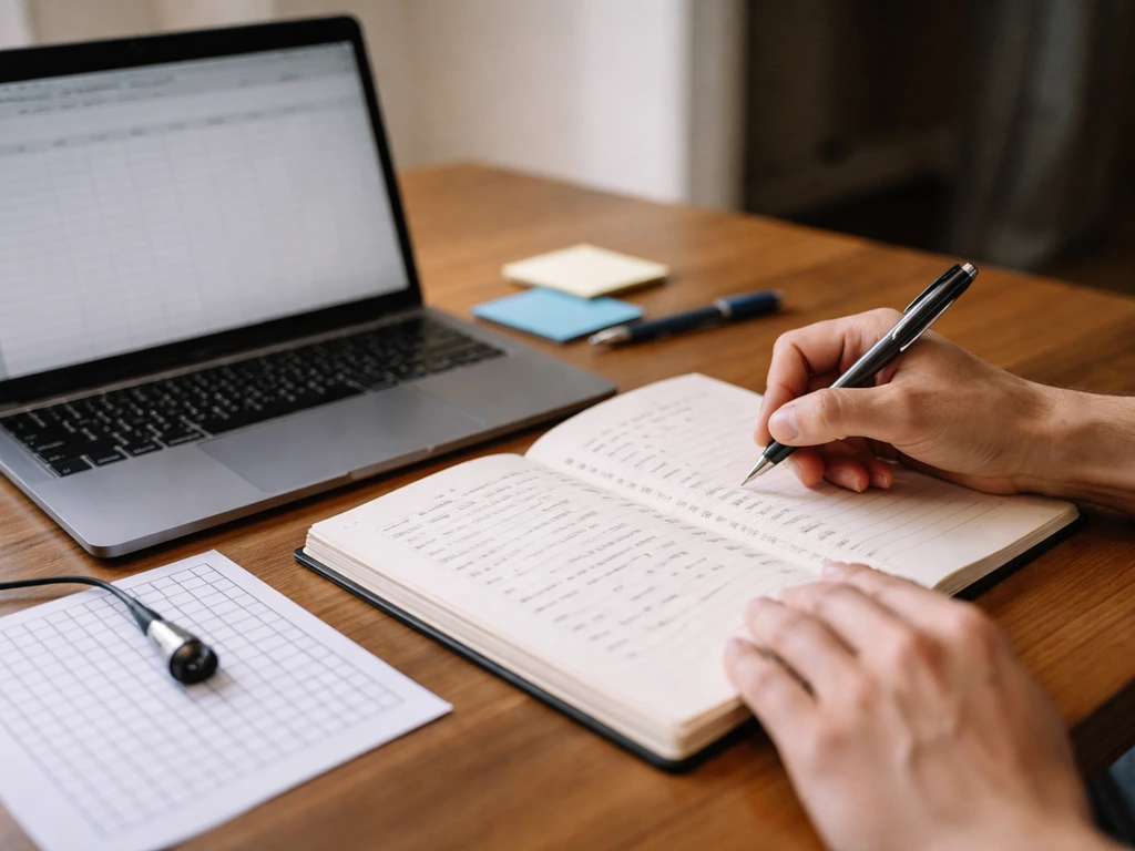 Person documenting repeatable testing results in a notebook beside a laptop showing sensor readings