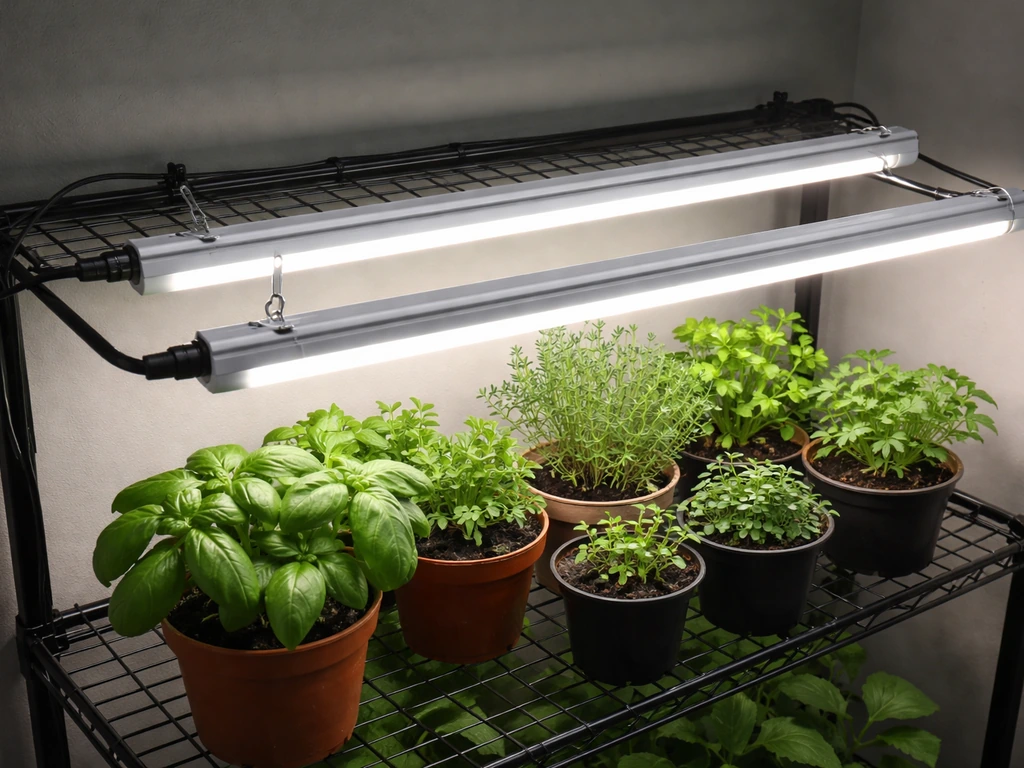 Overhead view of two Barrina-style LED grow light bars mounted over potted plants with visible power cord routing.