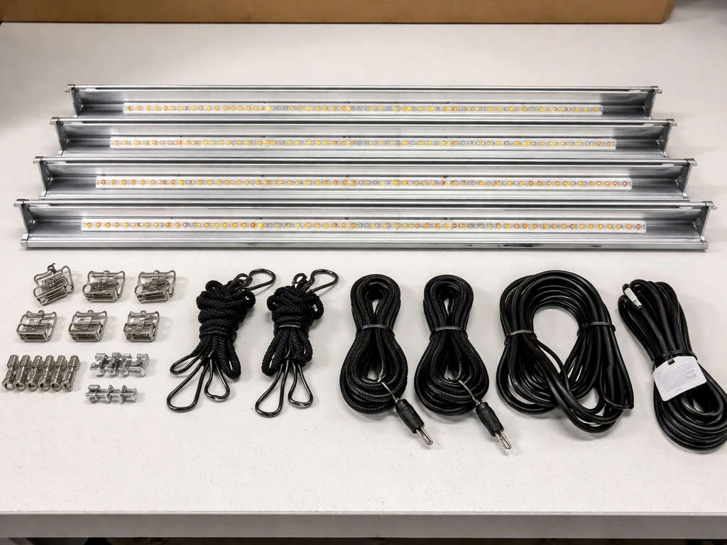 Unpacked LED grow light kit on a workbench with bars, mounting clips, cords, and a model label tag.