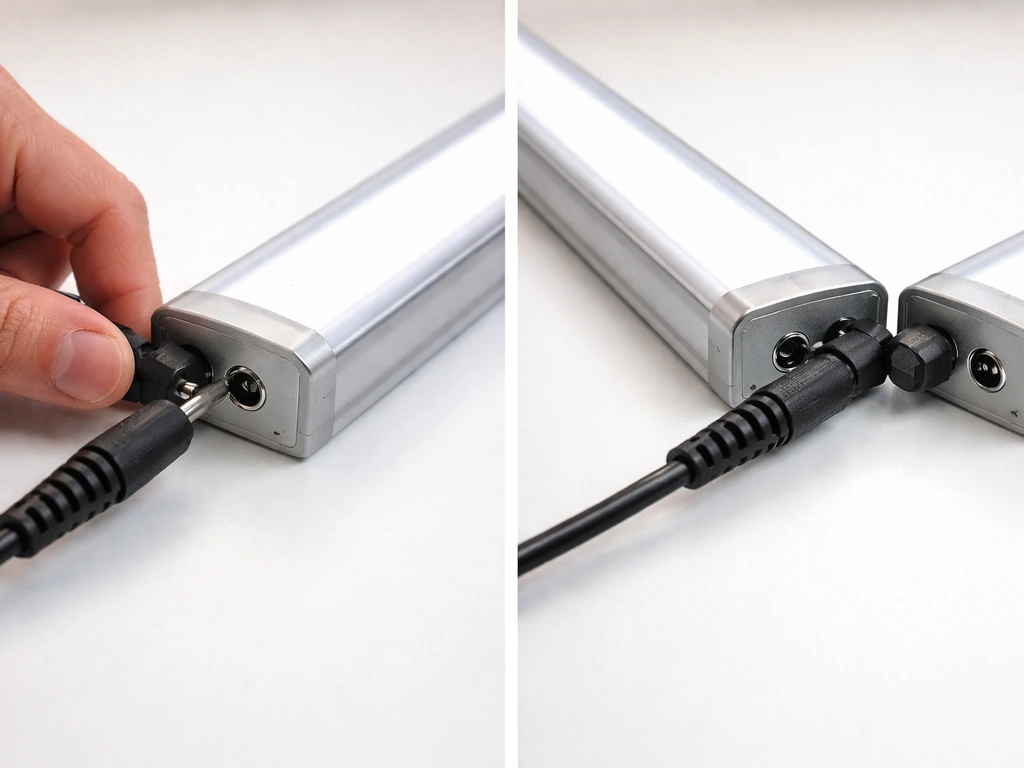 Close-up of plugging a power cord into an LED bar and linking two bars with a cord.