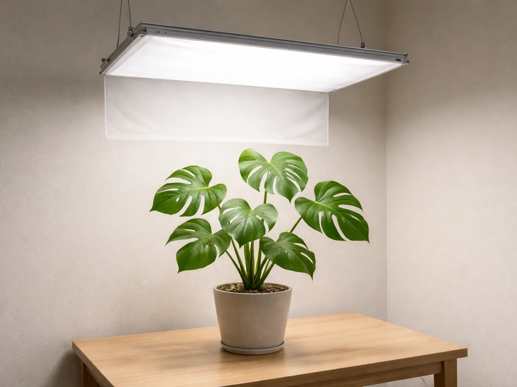 Indoor plant evenly lit by a wide LED grow light with a diffuser for soft indirect illumination.