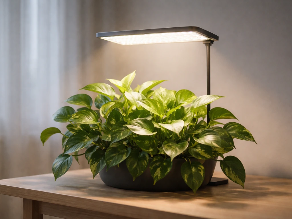 Grow light panel raised above a leafy plant, creating bright indirect illumination across the leaves.