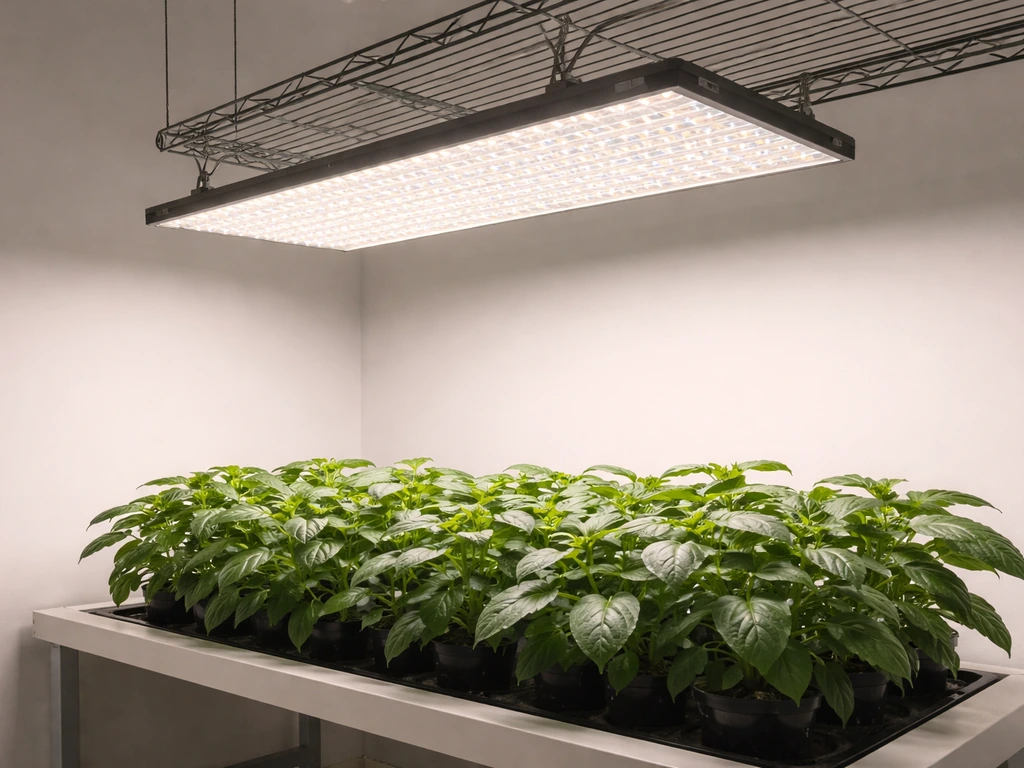 Overhead LED grow light positioned above plant canopy with safe distance spacing between beams and leaves.