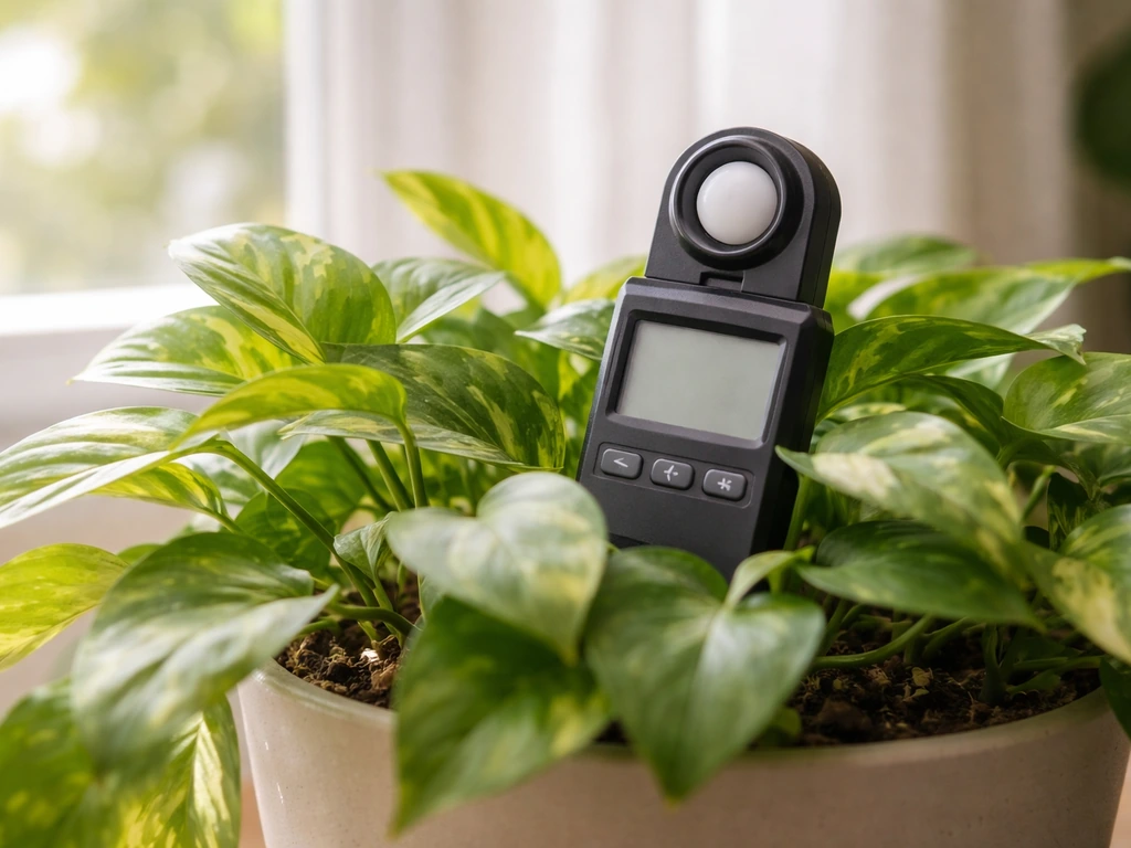 Lux meter positioned at plant canopy height near a bright window in soft indirect light.