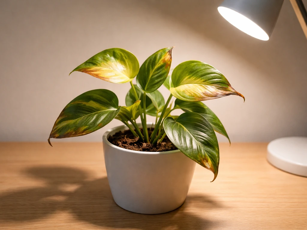 Close-up plant leaves showing bleached yellow centers and crispy curling edges under an intense lamp